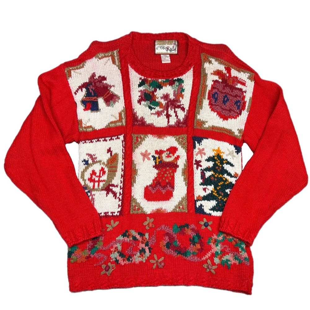 Vintage Red Crystal Robe‎ Christmas Sweater Santa Tree M Knit Holiday Sweater